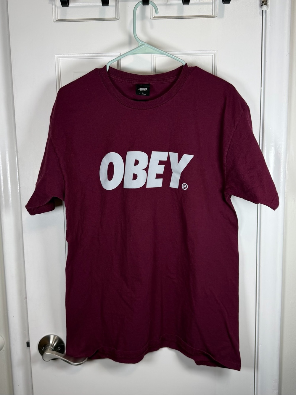 Obey Men’s Short Sleeve Logo Tee — Burgundy with White Print Size Large